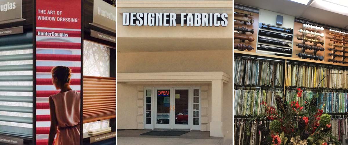 Inside the Designer Fabrics showroom with window treatment displays and fabric samples